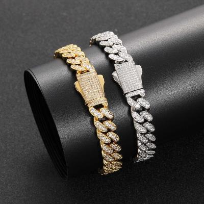 China Hiphop 10mm CZ Spring Clasp Bracelet Brass Fork Setting CZ Cuban Chain Iced Out Bling Bling Jewelry for sale