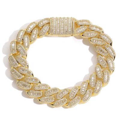China Hiphop Hip Hop Iced Out Cuban Link Bling Bling Golden CZ Cuban Chain Bracelet Baguette Chain Jewelry for sale