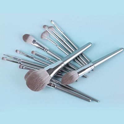 China Fan Brush Fiber Compact Powder Gem Customizable Silver Metal 14 Piece Makeup Brush Set for sale