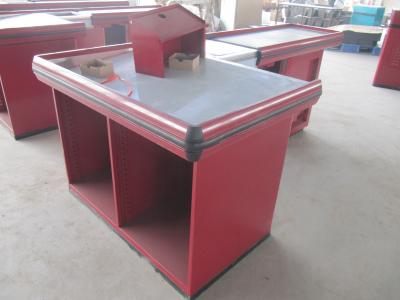 China Red Motor Checkout Counter With High Side Table,sign board,keyboard for sale