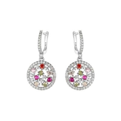 China CLASSIC 925 Silver Round Earrings Multi Colored CZ Stone Earring In Rhodium Plated for sale