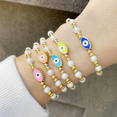 China Hiphop Shily & Os Hot Sale Charm Gold Bead Natural Pearl Beaded Adjustable Evil Eyes Charm Bracelet for sale