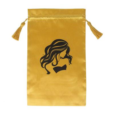 China Custom Logo For Wig Gift Carrier Storage Packaging Hair Extension Tassel Brands Designer Wholesale Drawstring Satin Silk Bag With Tassel for sale