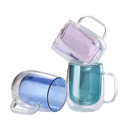 China Sustainable YOYO 350ml colorful hot selling high borosilicate glass double wall glass cups with handle for sale
