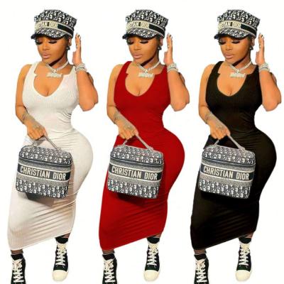 China Fashion 2021 New Arrival Summer Breathable A-line Sleeveless Maxi Women's V-Neck Dress Club Casual Dresses for sale