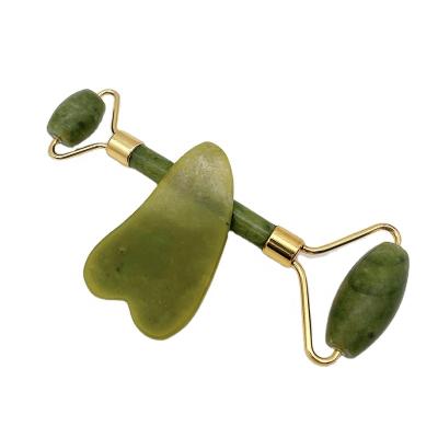 China Whitening private label green jade roller for face massage 100% natural jade roller gua sha set for sale