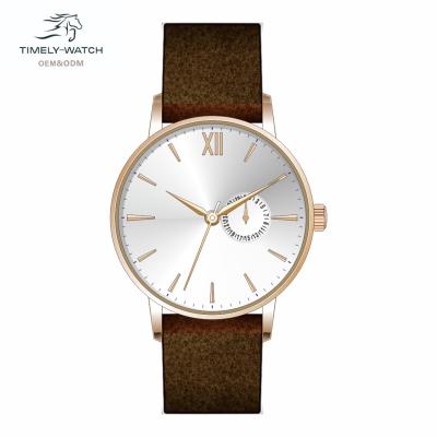 China Classic Brown 5ATM Leather Strap Men's Watch Day/Date Stainless Steel Case Waterproof Comfortable Japanese Quartz Movement for sale