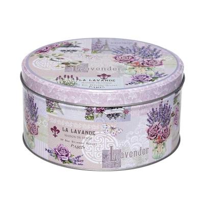 China High Quality Sustainable Round Tin Can Tin Box With Lavender Multifunctional Design Moisture Proof For Cookie/Candy/Chocolate/Cake/Gift for sale