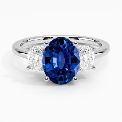 China Lab Created Sapphire Capella Three Stone Lab CZ Ring Set with 9x7mm Blue Oval Lab Created Sapphire for sale
