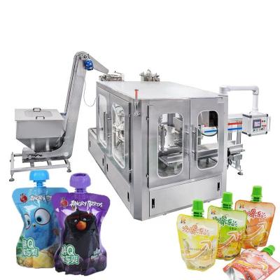 China Automatische 4 sproeiers Stand-up zak met spout vloeistof vullen Capping Machine voor sap Te koop