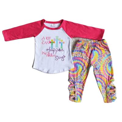 China Formal Easter Set Rose Red Sleeves Cross Dye Multicolor Halo Pants Girls Boutique Outfits Baby Clothes for sale
