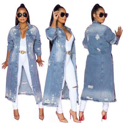 China JY-6083 Fsll Women Distressed Hole Jean Jacket Trench Coat Long Denim Jacket 2021 for sale
