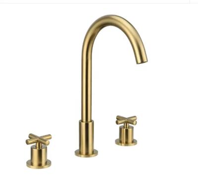 China Other New Design High Quality Bathroom Faucet 3 Holes Mixer Tap With Brushed Gold Two-handle Cross Spread Bathroom Faucet for sale