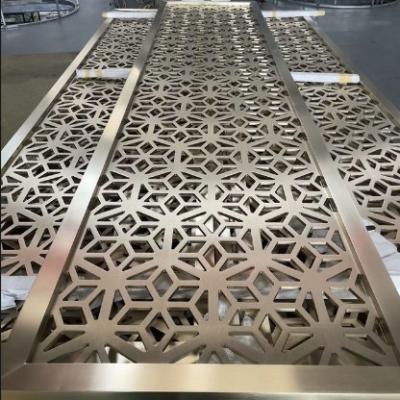 China Laser Cutting 3*10ft Jali Decoration Hotel Project Home Furniture Brush Gold Stainless Steel Screen for sale