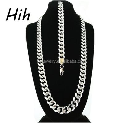 China MEN'S MIAMI STAINLESS STEEL CUBAN NECKLACE BRACELET CHAIN SET is men&'s jewelry 15mm BLACK GOLD for sale