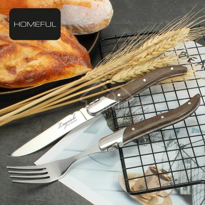 China Sustainable Luxury Wenge Wood Handle Stainless Steel Flatware Set Steak Knife Set with Laguiole Fork and Knives for sale