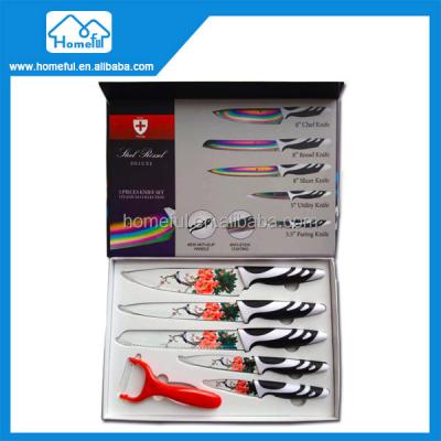 China Sustainable Kitchen Knife Set 5 Pcs Non-stick Coating Knife Set With Soft Touch Handle for sale