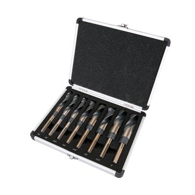 China Drill Holes 8 Piece Steel 1/2 Shank Black And Gold Finish High Speed Torsion Inch Reduced Drill Bit Set Drill Rig Bit With Aluminum Case for sale