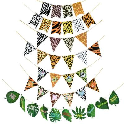 China Animal Jungle Party Decoration Printing Pennant Banners For Jungle Safari Themed Party Tropical Palm Theme Party Zoo Leaves Triangle Flag Banner for sale