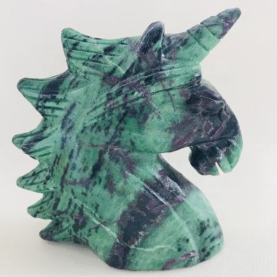 China Europe wholesale natural large size crystal carving animal stone ruby in zoisite unicorn for sale