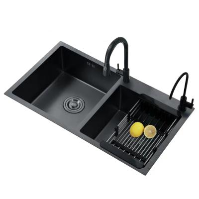 China Without Faucet 201 Stainless Steel 304 Black Brushed Double Bowls Handmade Farmhouse Kitchen Sink for sale