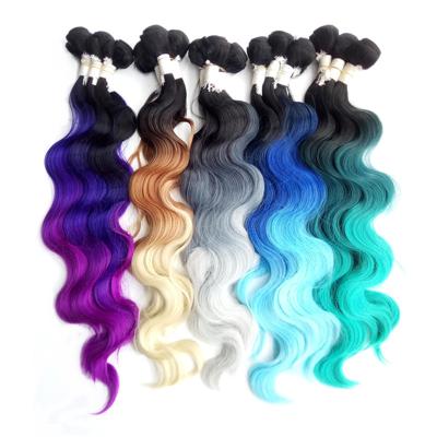 China Rose Wave Hair Extension 280g/set 4pcs Synthetic Hair Weft With Machine Closure 3 Black Bluish Gray Tone Ombre Body Wave For Women 18-22