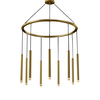 China Modern Creative Luxury Brass G4 Acrylic Led Light Bar Pendant Restaurant Round Simple Hanging Lamp Light Socket Chandelier for sale