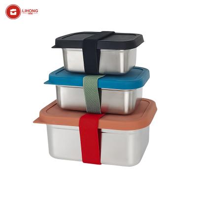China Custom Silicone Freshness Keeping Logo Color Straps SS304 Bento Lunch Box With Lid For Adult Kids for sale