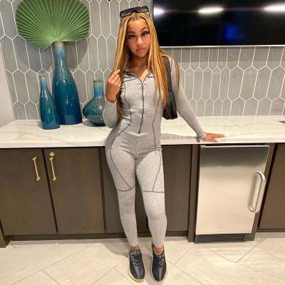 China Viable Fast Shipping Women's Gray Casual Sports Jumpsuit Wrap Playsuit Slim Ribbed Romper for sale