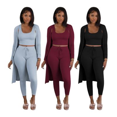 China New Arrivals Women's Breathable Solid Color Vest Bodycon Stretch Knit Cardigan Drop Three 3 Piece Pants Set for sale