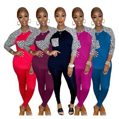 China Breathable Leopard Print Two Piece Set Pants Autumn Long Sleeve Top Shirts With Pocket Casual Women Clothing for sale