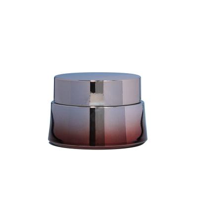 China Luxury Skincare Body Cream Container Packaging 50ml ABS Cap Acrylic Plastic Jar with Shiny Gold UV Paint and Metal Lid for sale