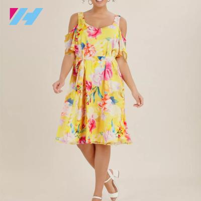 China Breathable Dress Womens Polyester Yellow Floral Printing Dress Fashionable Lady Dresses for sale