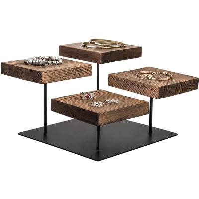 China Rustic FirWood 4-Tier Brown Wood And Black Metal Jewelry Display Riser Rack for sale