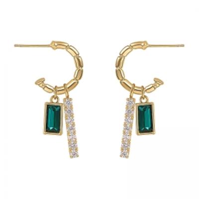 China Africa 18K Gold Plated C Shaped Zircon Bar Drop Earrings Long Rectangle Emerald Dangle Hoop Earrings for sale