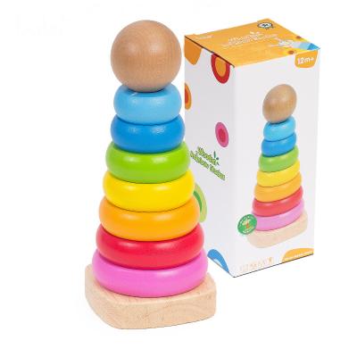 China Wooden Rainbow Toy Amazon Hot Educational Building Toy Stacking Circle Ring Rainbow Blocks Wooden Rainbow Stacker Tower for sale