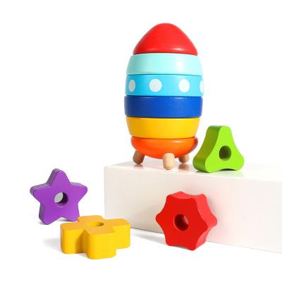 China Building Toy Wooden Stacker Ring Toy Grip Shape Stacker Blocks Montessori Wooden Rainbow Stacking Toys for sale