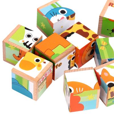 China Educational 6 in Toy Animal Pattern Wooden Puzzle Cube Sided 9 Jigsaw Blocks Puzzle Educational Toys for sale