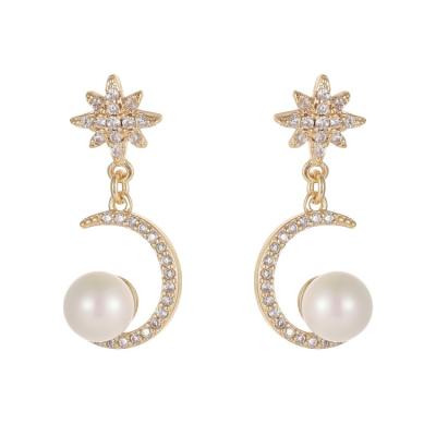 China FASHIONABLE Gold Plated Imitation Moon And Star Jewelry 14K Pearl Zircon Drop Stud Earrings for sale