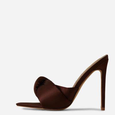 China Fashion Trend Summer Party Heels Dress 2022 Even Heeled Shoes Large Size Mule Shoes Women Open Pointed Toe Satin Bowknot High Heel Mules for sale