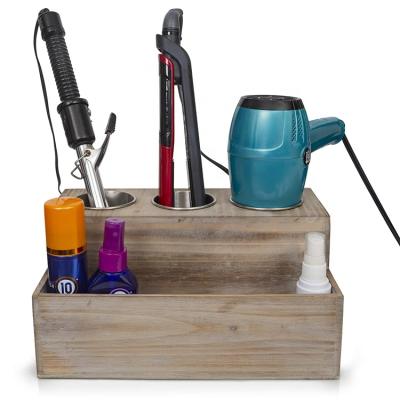 China New Viable Arrive Rustic Wooden Hair Styling Care Tool Collection Organizer Stand Holder Hair Dryer for sale