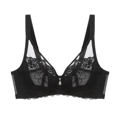 China Breathable Thin Lace Large Bra Full Cup Sponge Free Anti Sag Adjustable Underwear Floral Cotton Lace Bra for sale