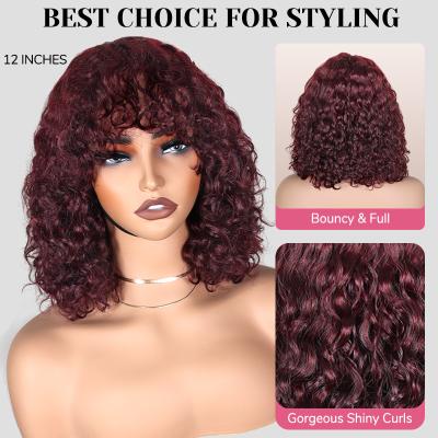 China Beginner Friendly Human Hair Wigs 99J Short Curly Wig With Bangs for sale
