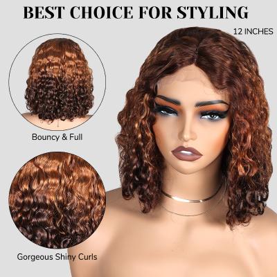 China Water Wave 1B/27 Human Hair Wigs Short Brown Transparent T Part Lace Wig for sale