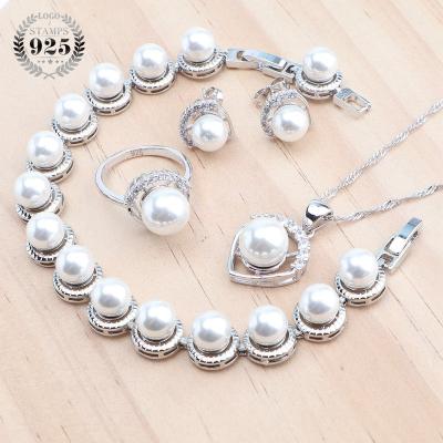 China TRENDY 925 Silver Pearl Jewelry Sets For Women White Zircon Costume Bridal Bracelets Set Earrings Ring Pendant Wedding Necklace for sale