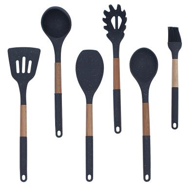 China Sustainable Silicone Cookware Set 6 Pieces Heat Cooking Instruments Nonstick Cookware With Oak Handle for sale