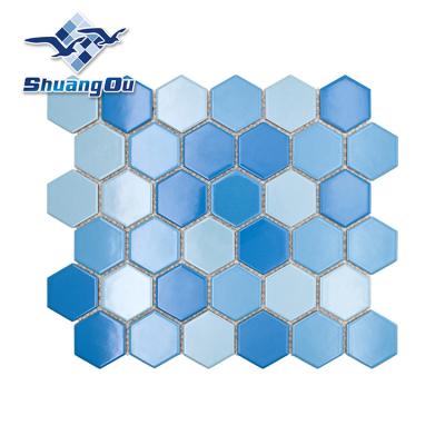 China Wholesale Blue Parquet China Hexagon Shape Porcelain Ceramic Swimming Floor And Wall Porcelain Pool Slabs for sale