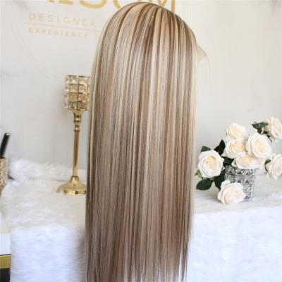 China Strengthen Highlight Blonde Middle Part Wig Long Straight Lace Front Wig Ombre Synthetic Hair Wig 22 Inches for sale