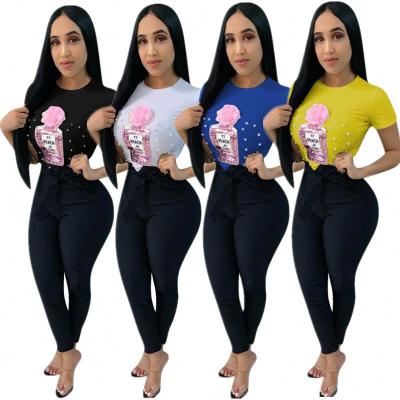 China 2021 Logo Fashion Casual Solid Crew Neck Pearl Sequin Women's Anti-Shrink Hot Selling Custom T-Shirt for sale