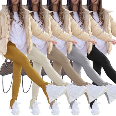 China Anti-wrinkle 2021 summer fashion women high waist elastic waist flare pants stacked leggings pants with slit for sale